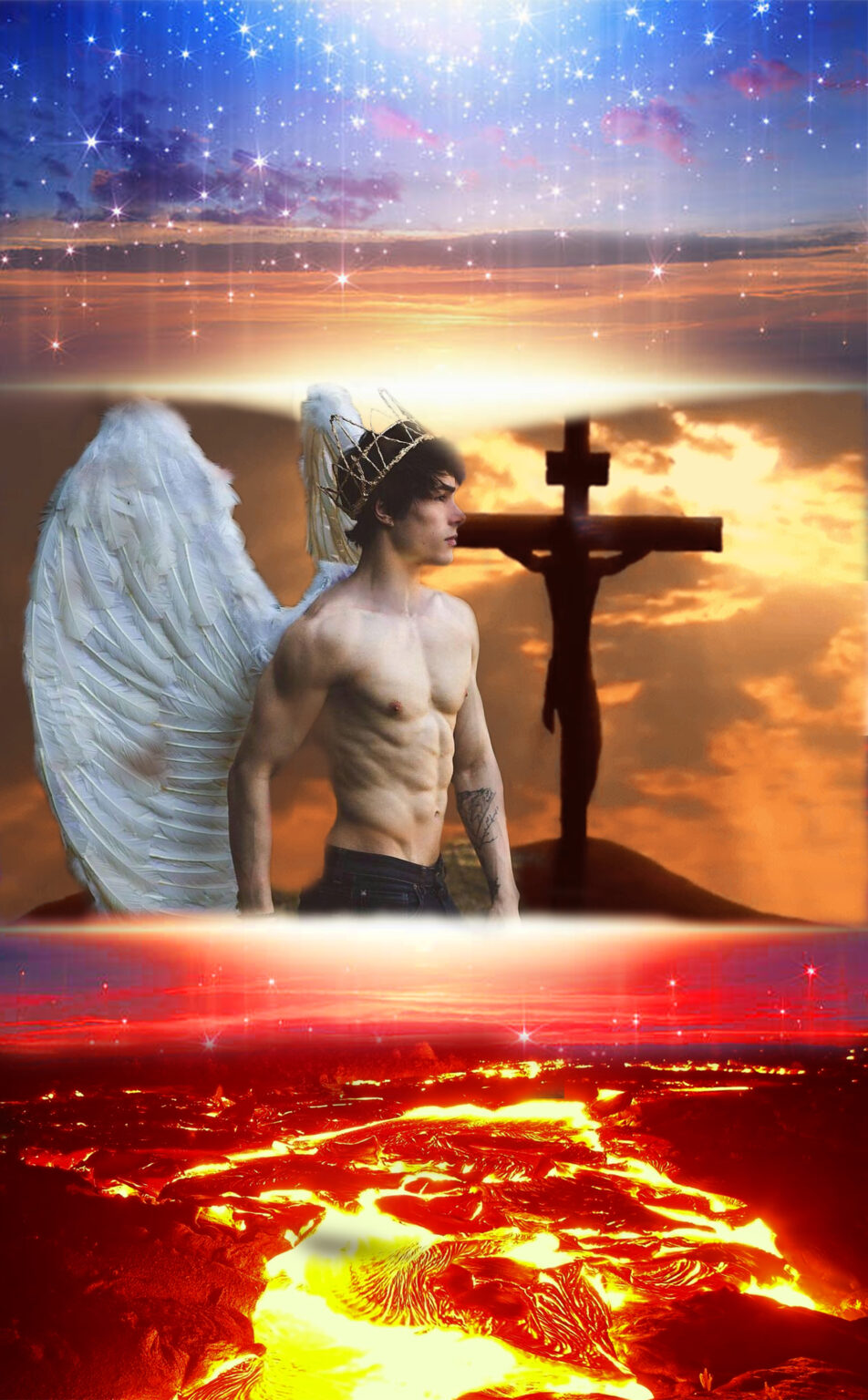 Male angel in between heaven and hell. A Graphic Design by Gravity Centric. Graphic Designer Redding CA