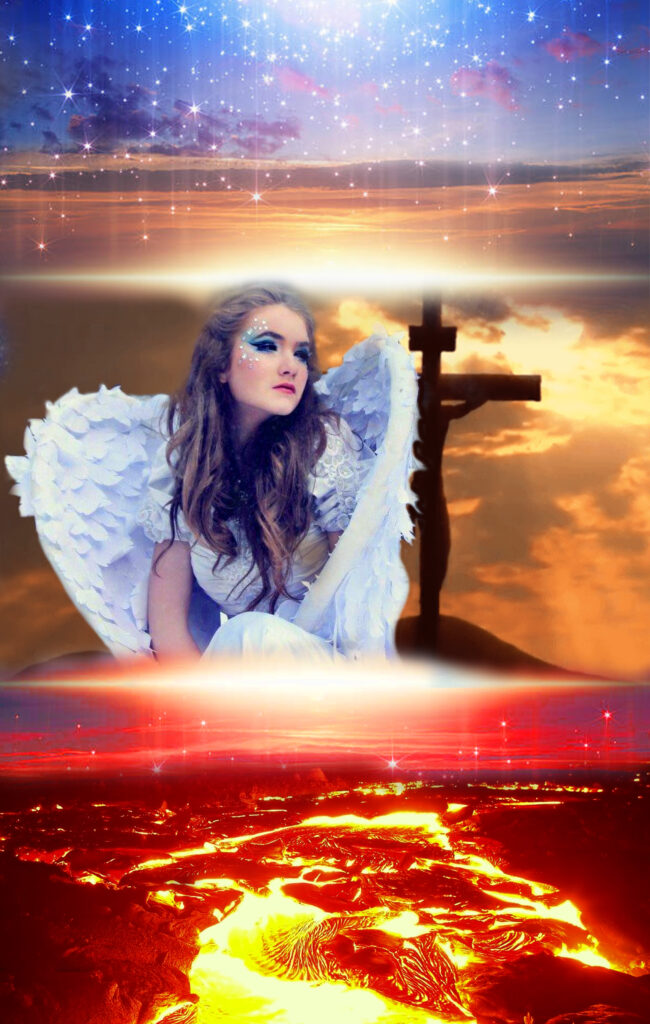 Female angel between heaven and hell. A Graphic Design by Gravity Centric Design. Graphic Designer Redding CA