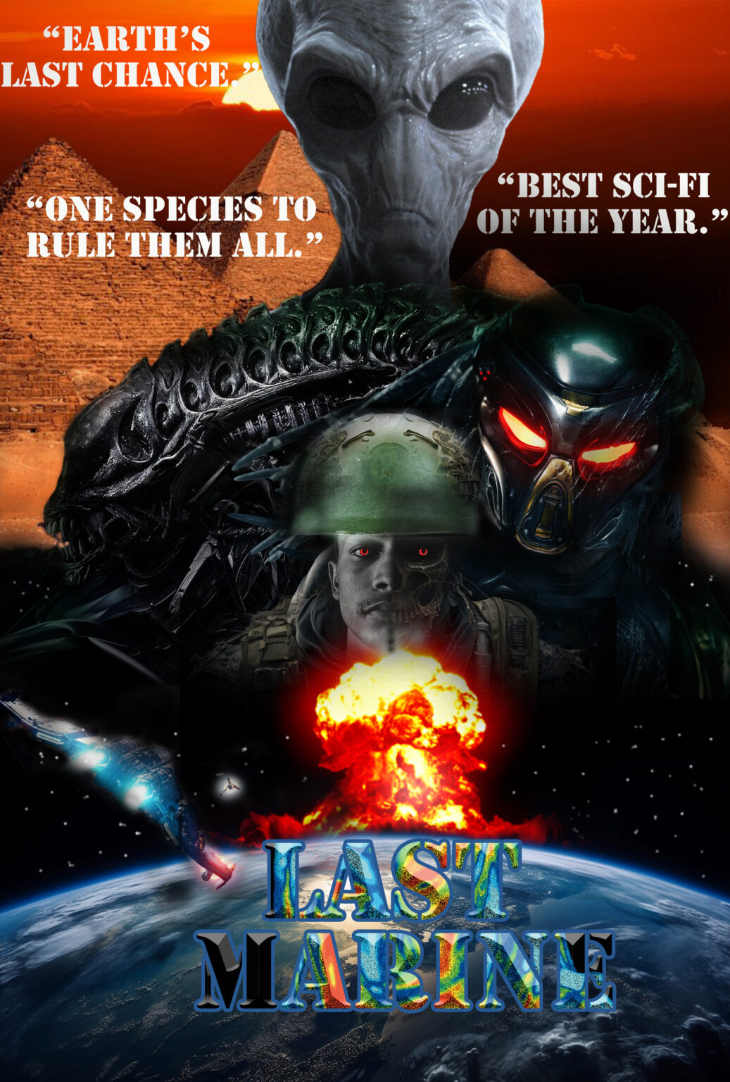 A fictional movie poster design of aliens and an humans fighting each for control earth. Movie Title "Last Marine". A Graphic Design by Gravity Centric Design.Graphic Designer Redding CA