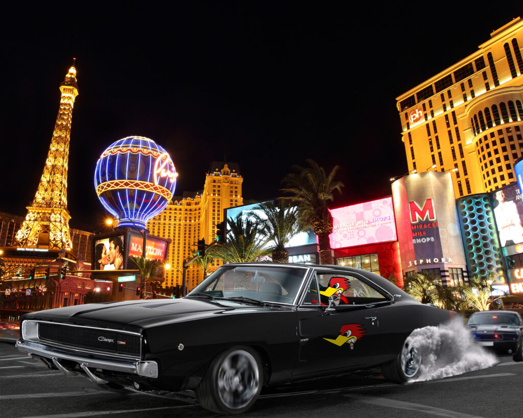 Mr. Horsepower running from the cop in a1968 dodge charger in Las Vegas. Design by Gravity Centric Designs.