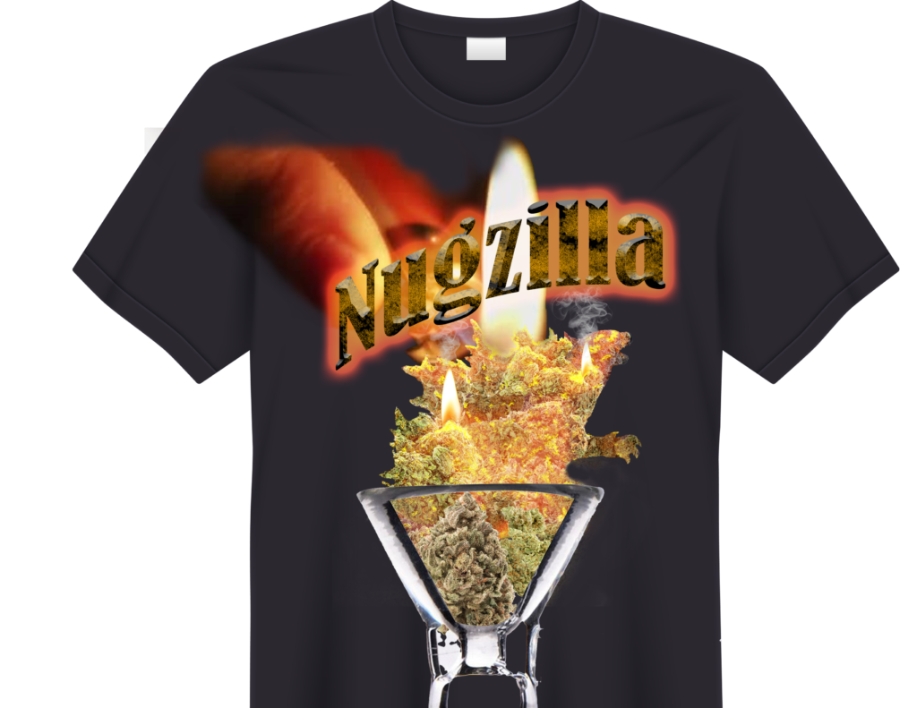 T-shirt Nugzilla being light on fire. A Graphic Design by Gravity Centric Design. Graphic Designer Redding CA